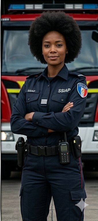 Agente de sécurité incendie SSIAP devant un engin de secours