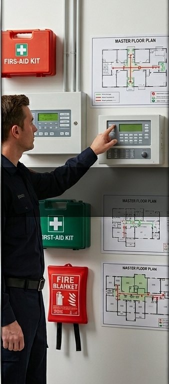 Agent de sécurité incendie au tableau de signalisation du poste de sécurité