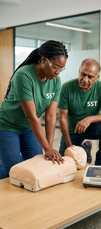 Stagiaires SST s'entraînant au massage cardiaque sur mannequin avec défibrillateur