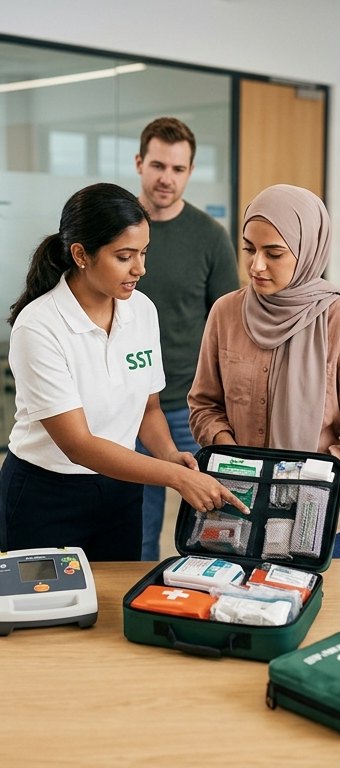 Formatrice SST présentant la trousse de premiers secours
